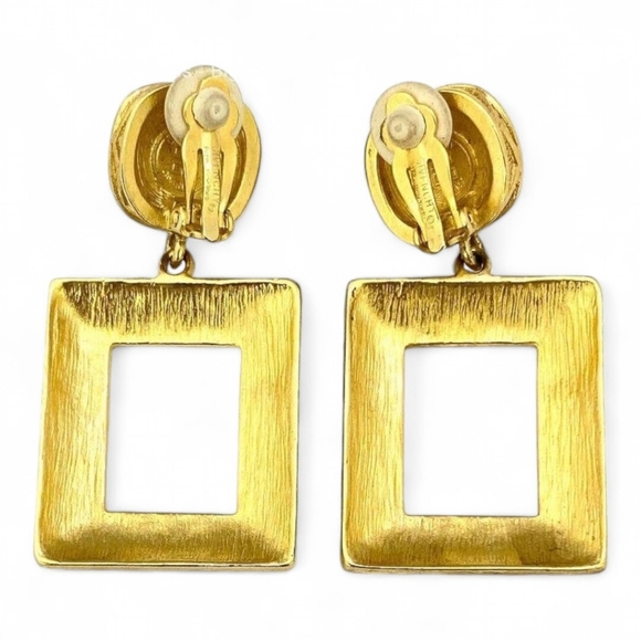 GIVENCHY Modernist Square Open Gold Frame Earrings & Blue Cabochon Stones - Picture 3 of 6